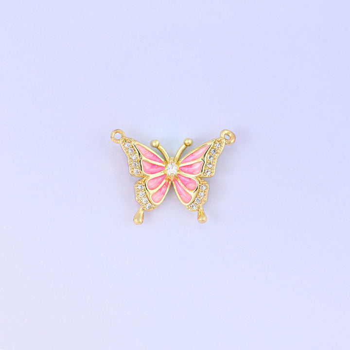 Enamel Pink Butterfly Zirconia Pendants, 18K gold plated brass