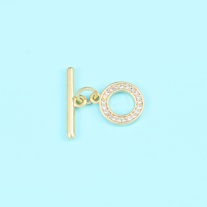 Gold plated toggle clasp, round, zirconia pave