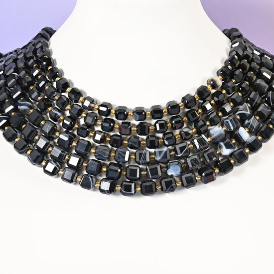 Dyed black strip agate beads, faceted cube, 6mm and 8mm