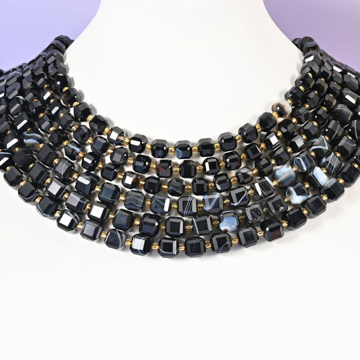 Dyed black strip agate beads, faceted cube, 6mm and 8mm
