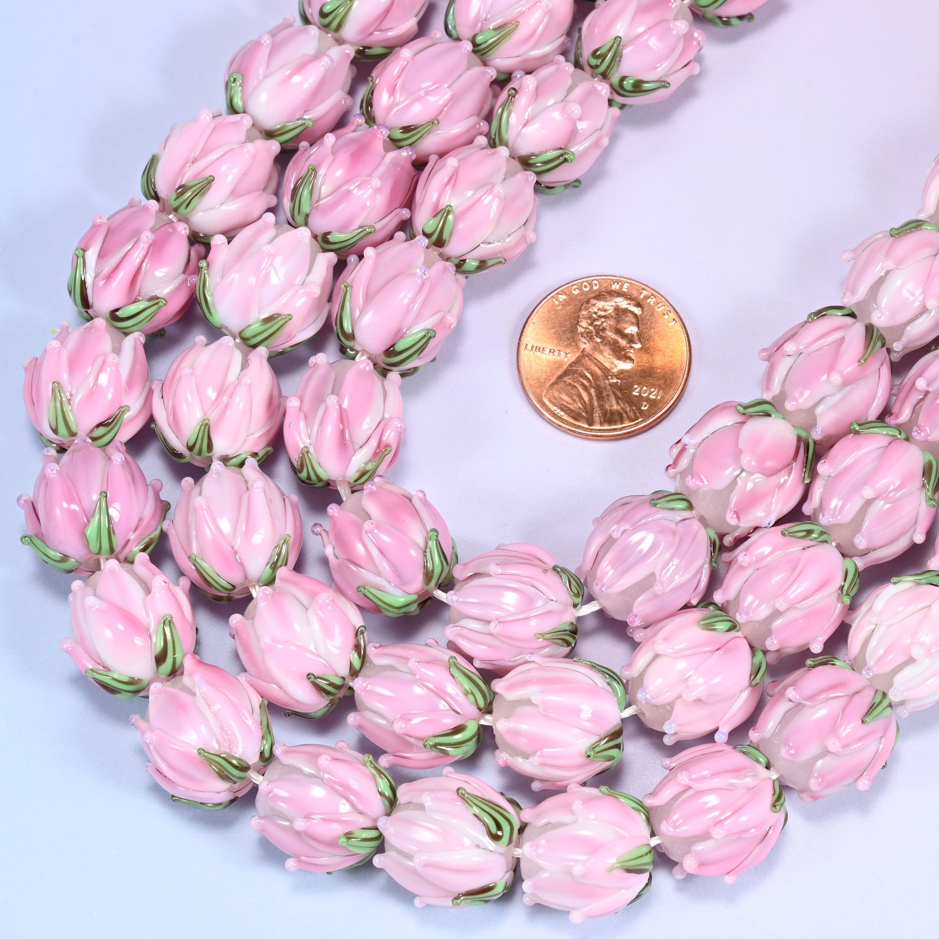Tulip flower bud shaped cut lampwork glass beads