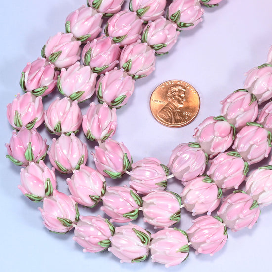 Tulip flower bud shaped cut lampwork glass beads
