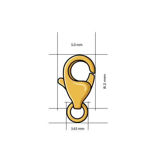 14K gold filled lobster clasp size diagram, 5.0mm wide by 8.2mm long, with a 3.63mm jump ring