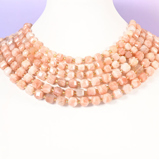 Peach Moonstone beads, faceted cube, 6mm and 8mm