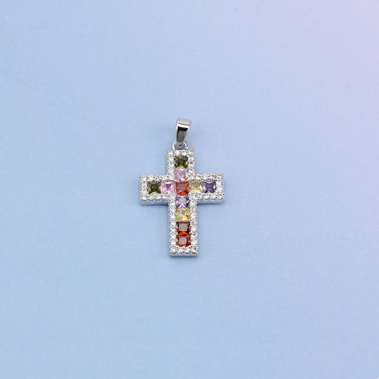 Zirconia cross charm in white gold plated brass with princess-cut multicolour stones