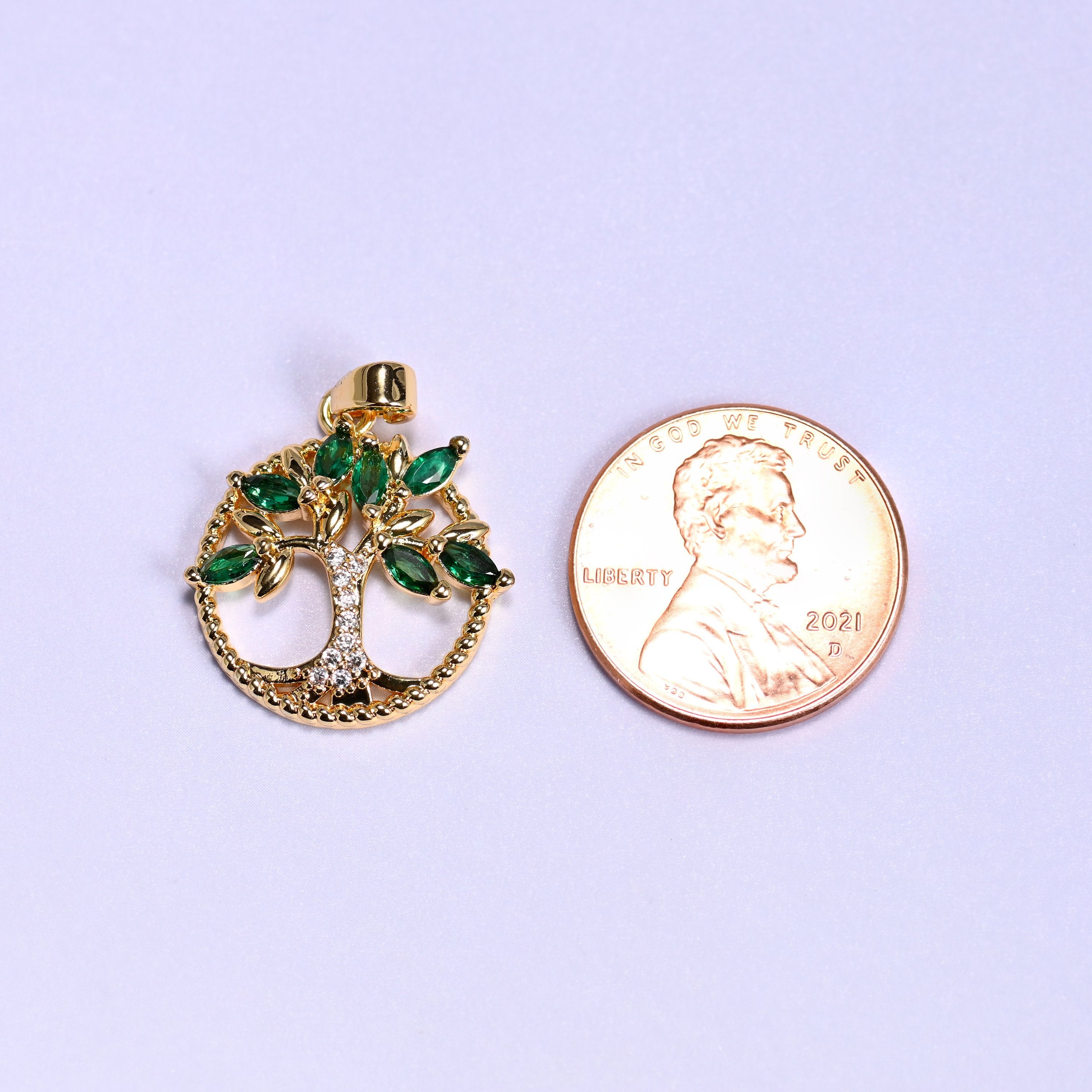 18K gold plated brass tree of life charm pendant, approx 19.27mm x 18.39mm