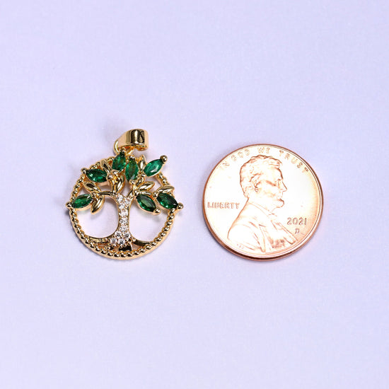 18K gold plated brass tree of life charm pendant, approx 19.27mm x 18.39mm