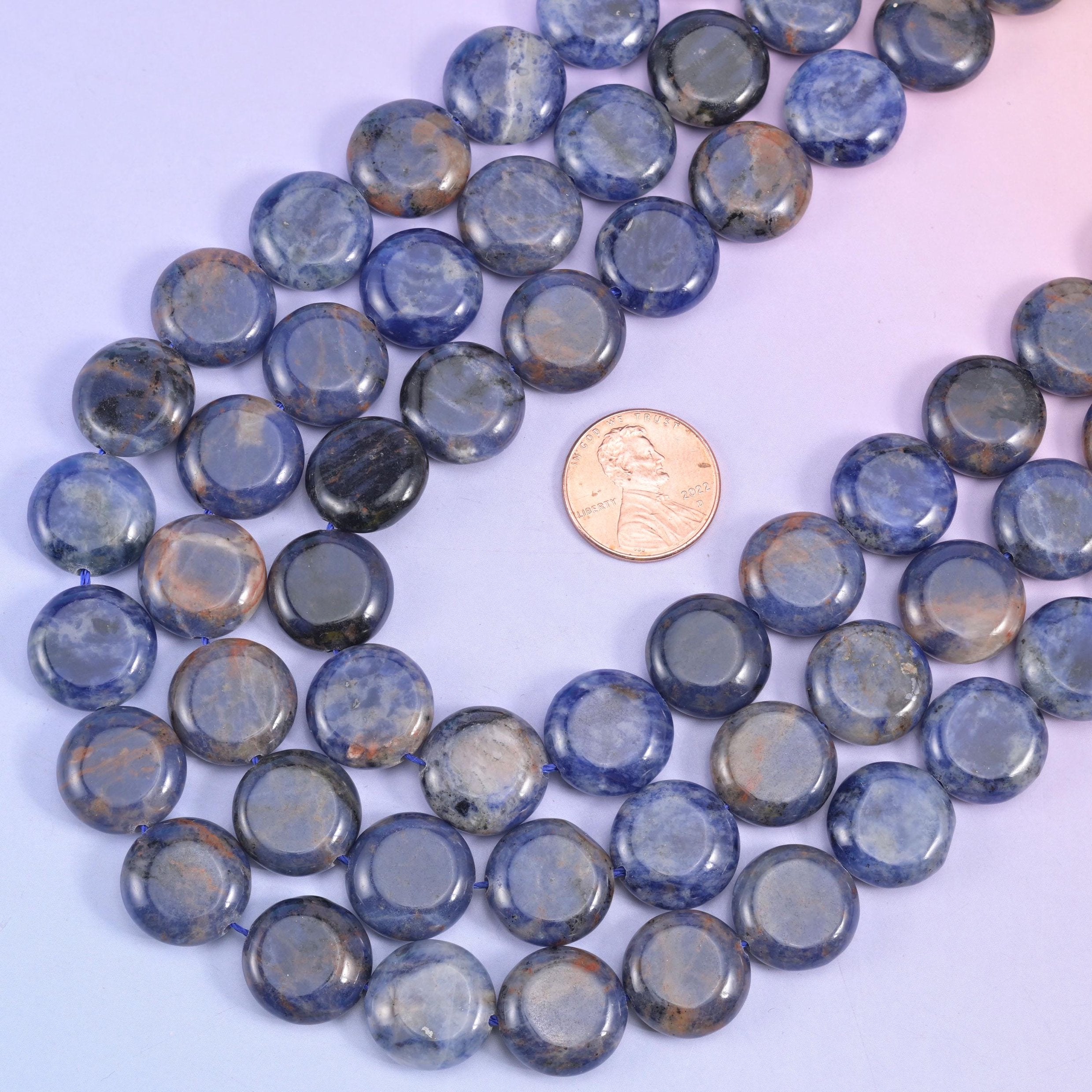 Sodalite smooth coin beads, 15 inch strand