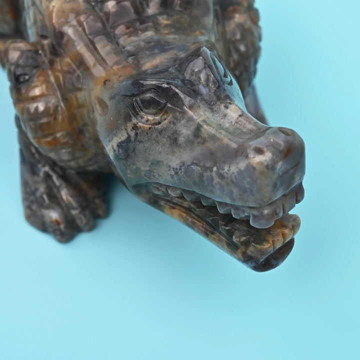 Indian Agate alligator figurine, 9 inches long, hand-carved