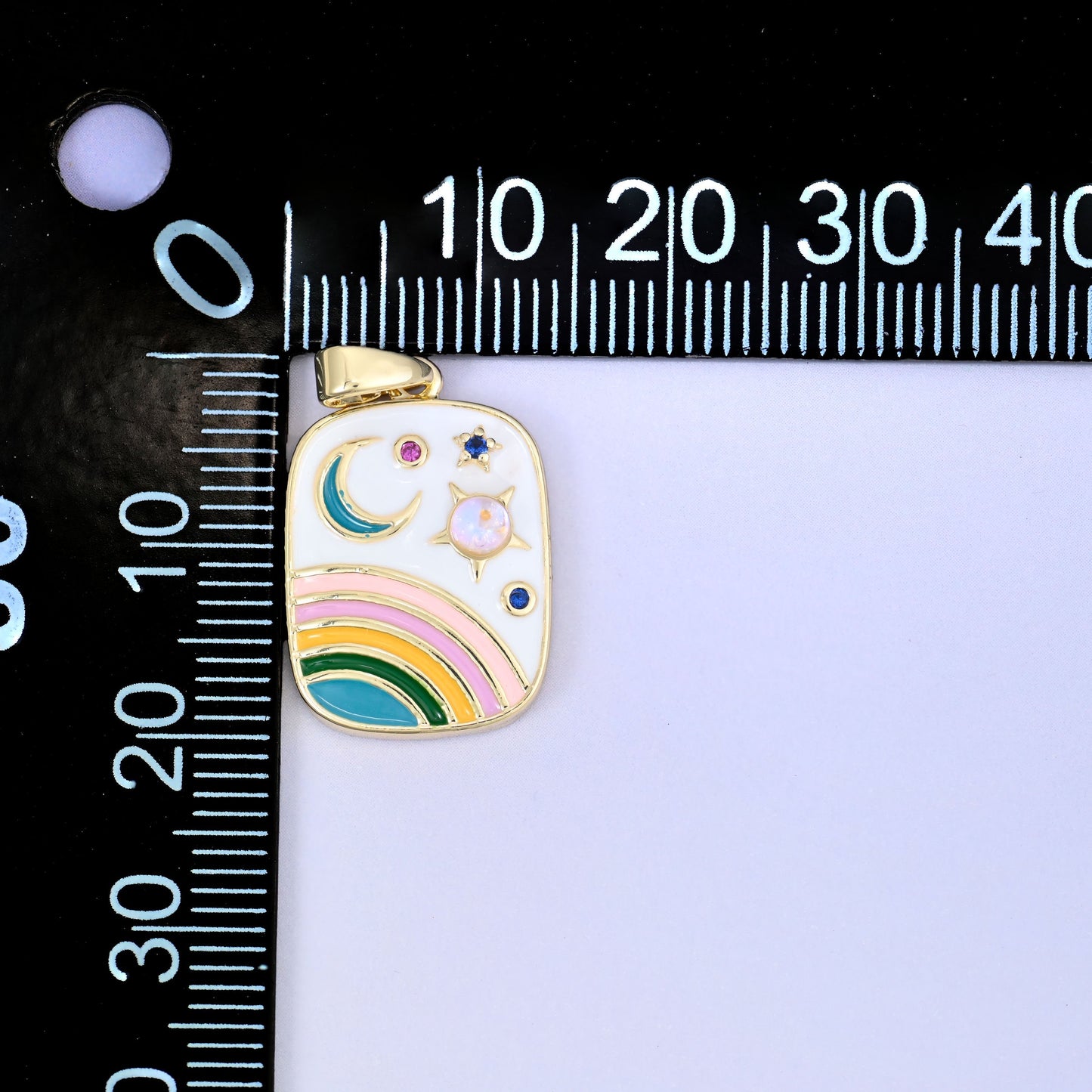 18K Gold Plated Brass Rainbow Moon Star Charm Pendant with opal-toned sun accent and zircon stars