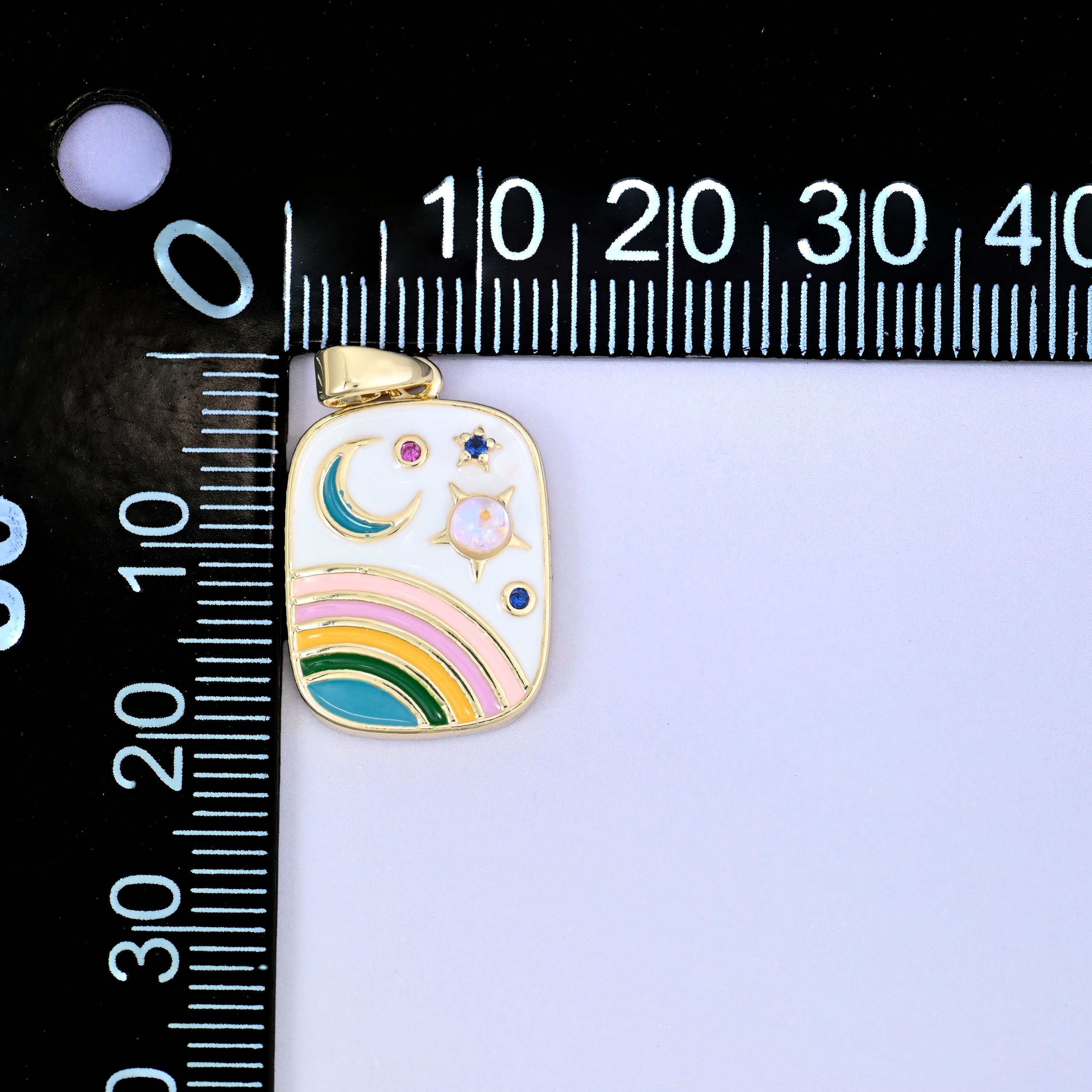 18K Gold Plated Brass Rainbow Moon Star Charm Pendant with opal-toned sun accent and zircon stars