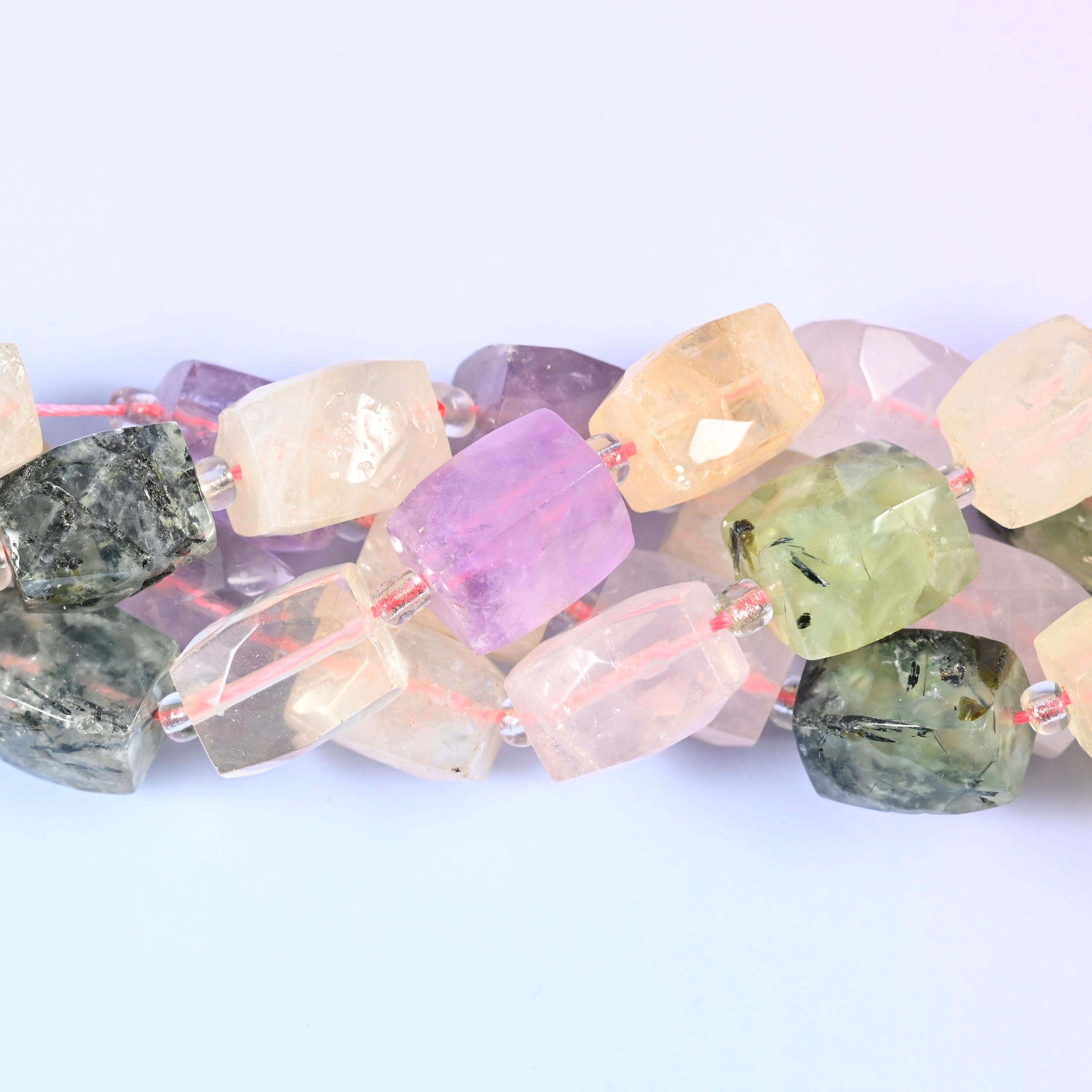 Big chunky rectangles alternating pale blush rose quartz, buttery citrine, lilac amethyst and mossy green prehnite