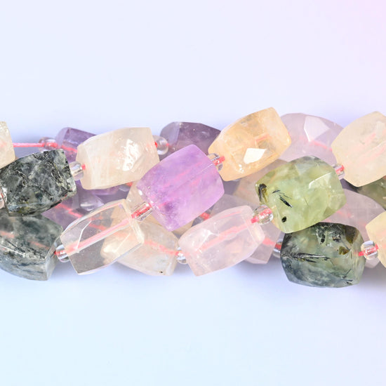 Big chunky rectangles alternating pale blush rose quartz, buttery citrine, lilac amethyst and mossy green prehnite