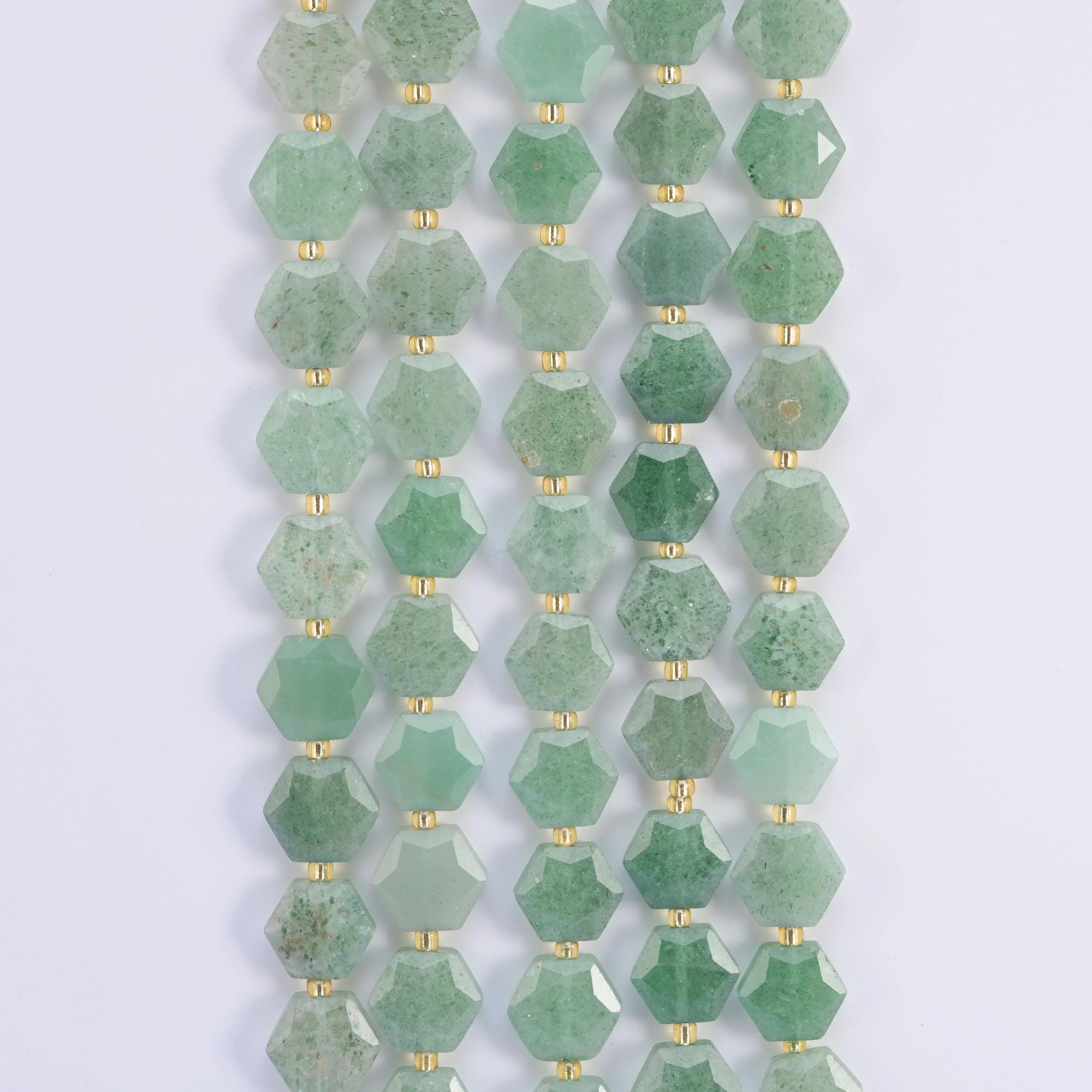 Green Strawberry Quartz hexagon beads, 15.5 inch strand.