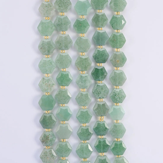 Green Strawberry Quartz hexagon beads, 15.5 inch strand.