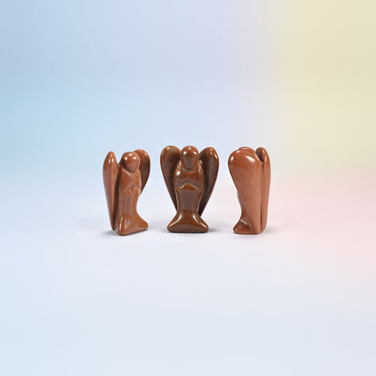 Three gold sandstone guardian angel carvings, brown with gold sparkle, man-made glass, 2 inch