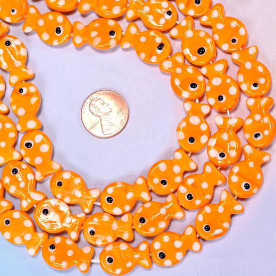 Orange with White Dot Fish Glass Beads, 20 beads per strand