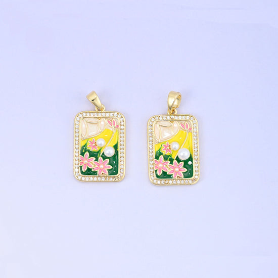 Flower Rectangle Charm Pendant, approximately 22.50mm x 10.68mm