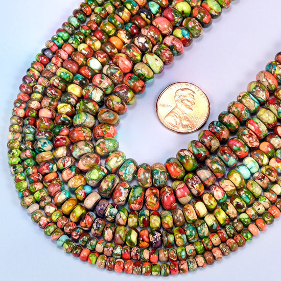 Multicolor rondelle beads in dyed Sea Sediment Jasper with dark mineral veining