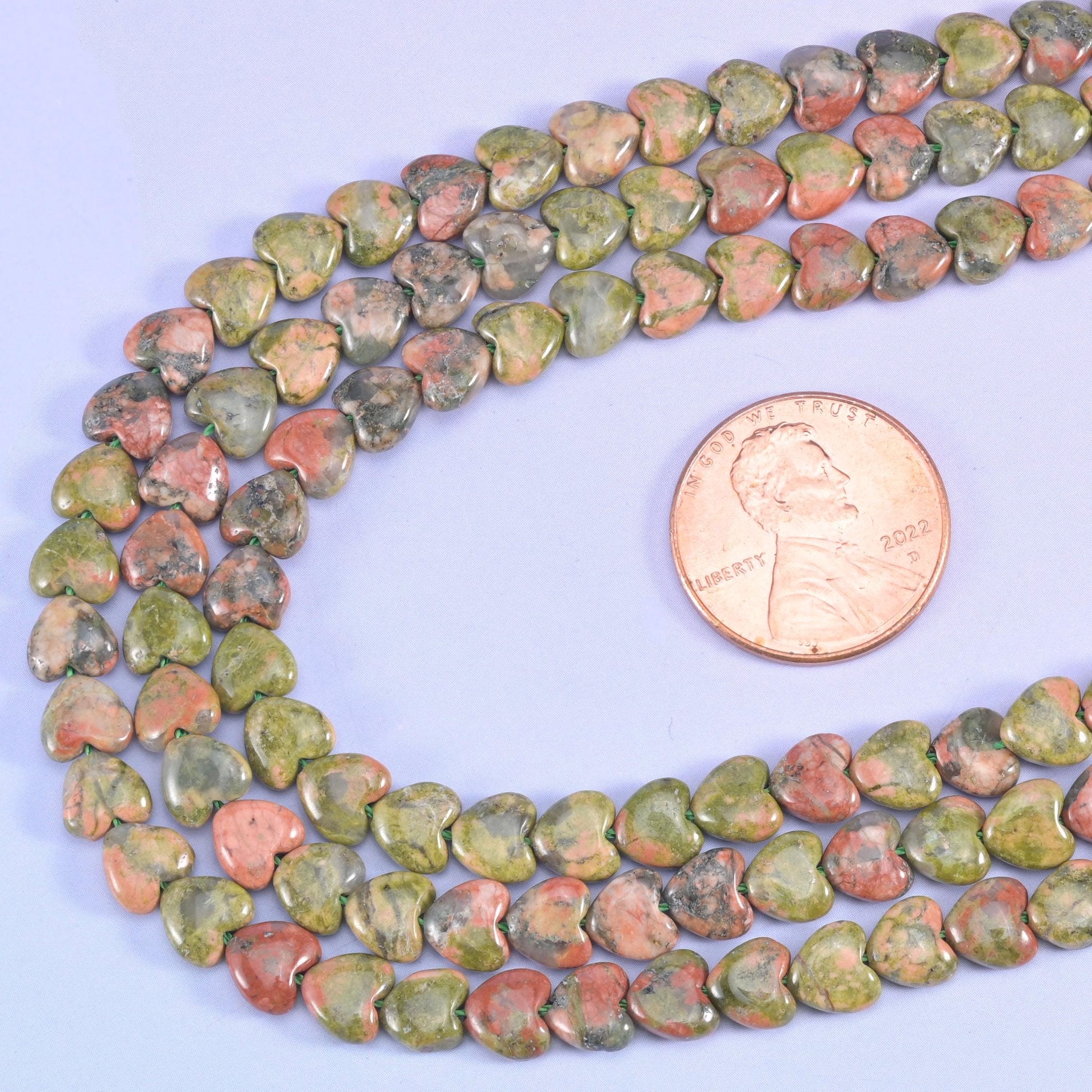 Green Unakite Heart Beads, 15 inch strand