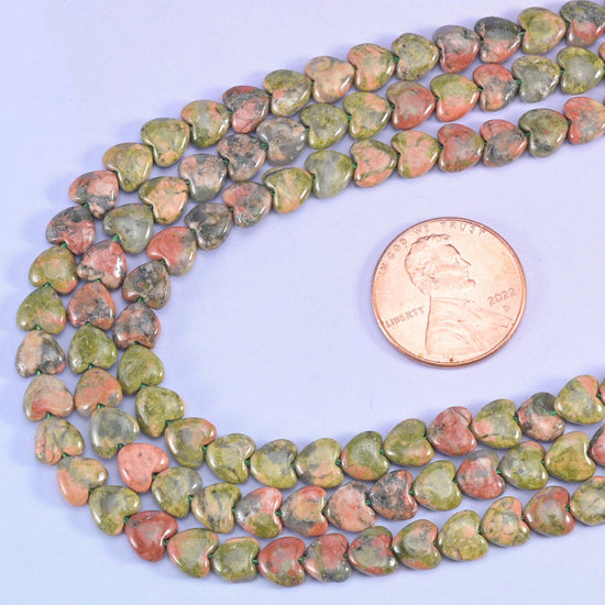Green Unakite Heart Beads, 15 inch strand
