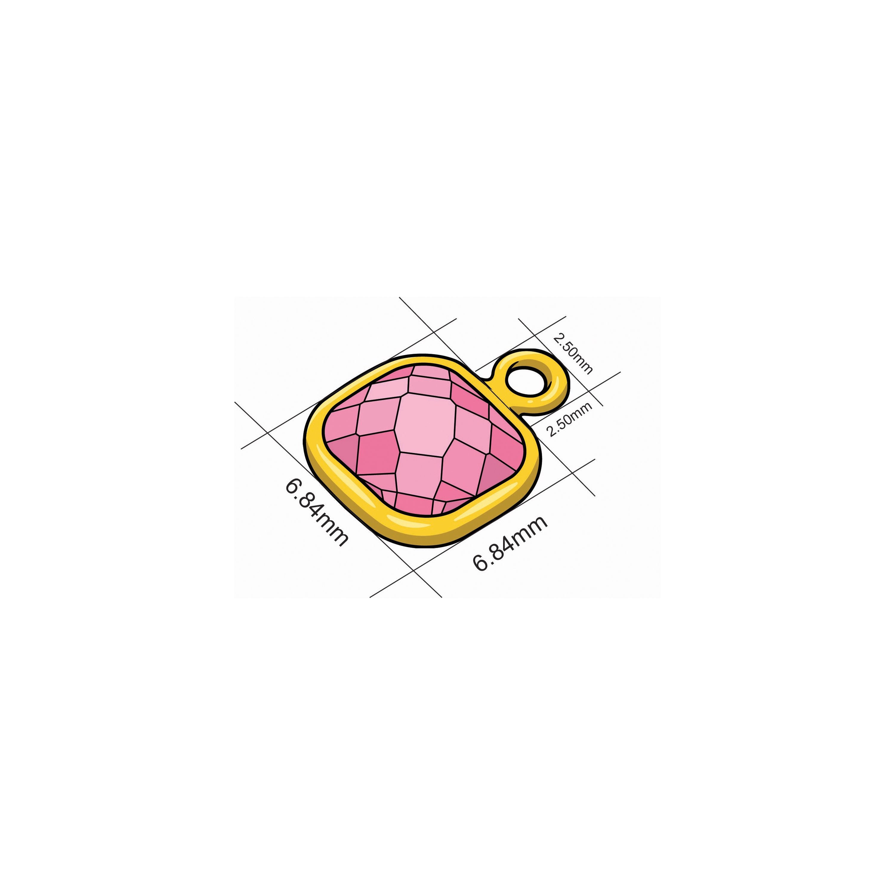 Faceted square zirconia charm dimension diagram, a single pink stone marked with its measurements.