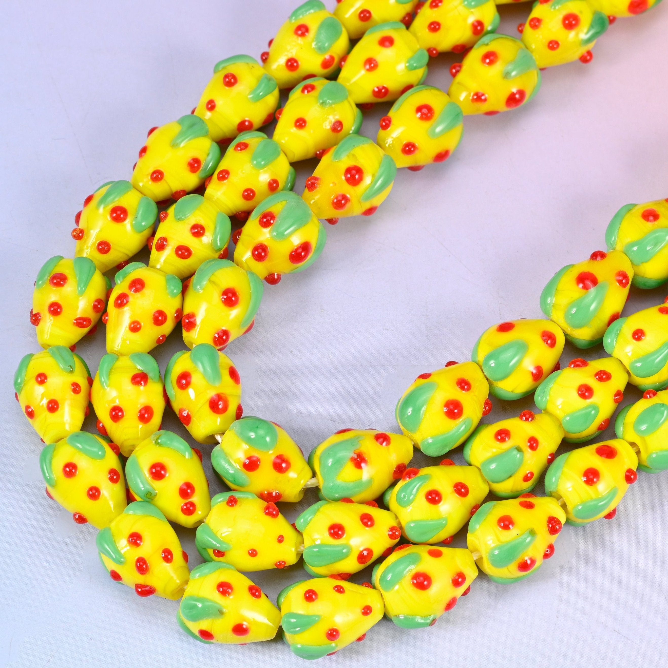 Yellow Red Dots Strawberry Glass Beads, 12 inch strand