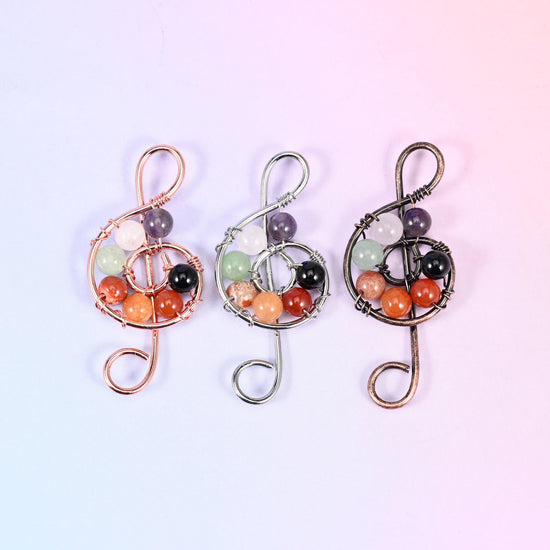Mixed gemstone beads, treble clef music symbol pendant, 53x24mm