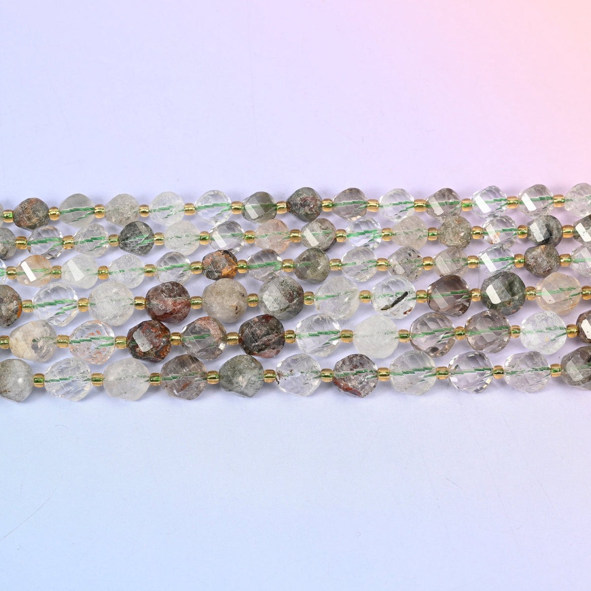 Green Phantom Quartz beads, clear to milky quartz with mossy green phantom inclusions