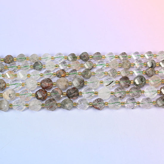 Green Phantom Quartz beads, clear to milky quartz with mossy green phantom inclusions