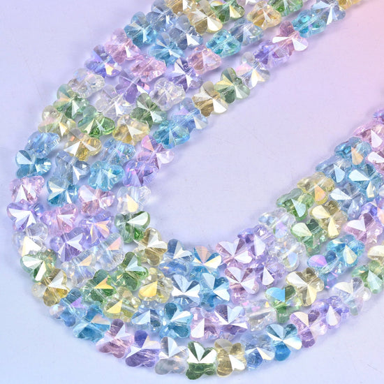 Colorful Transparent Iridescent Butterfly Glass Beads 7.6x9.6mm, 14 inch strand