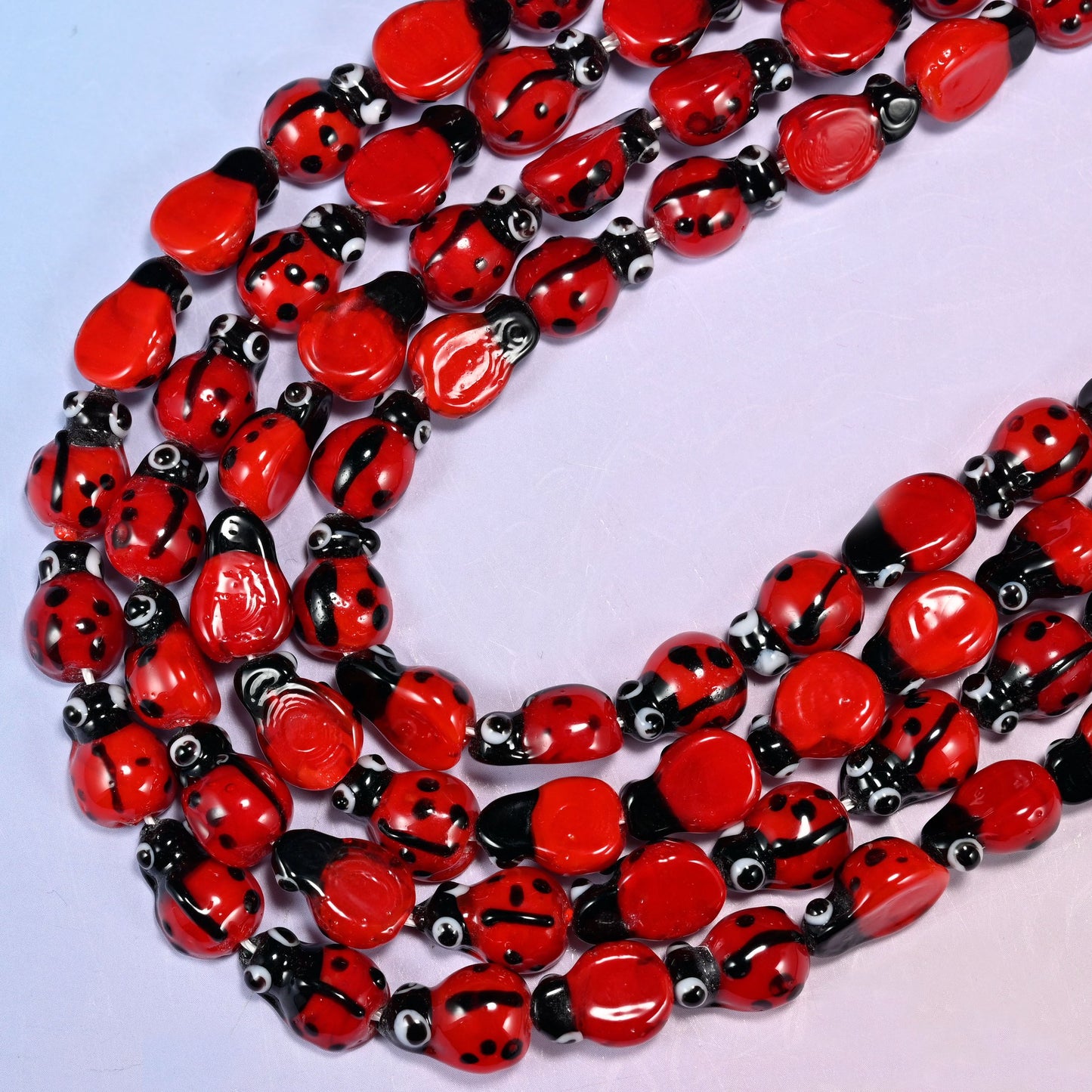 Red Ladybug Glass Beads, sold per 10 inch strand, 20 beads.