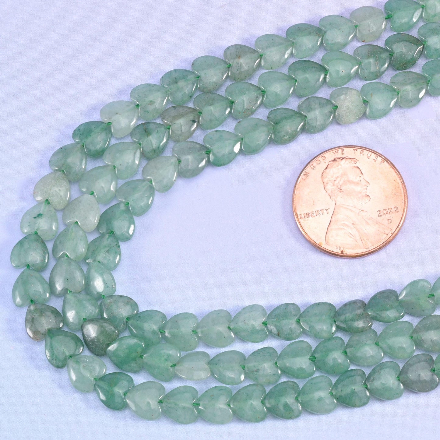 Green aventurine heart beads, 15 inch strand