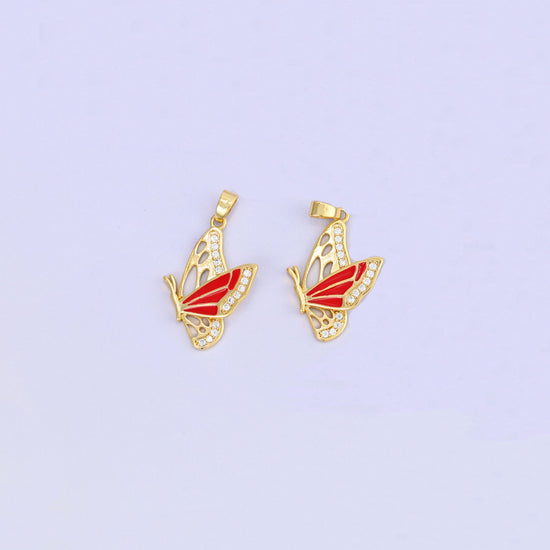 Flying butterfly charm pendants in red, two 18K gold plated side on butterflies with red enamel wing panels, zircon edging and cut out gold veining.