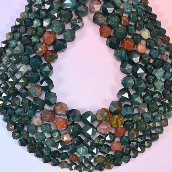 Indian Bloodstone beads coiled into a loop, star facets catching light across dark green and rust-toned stone