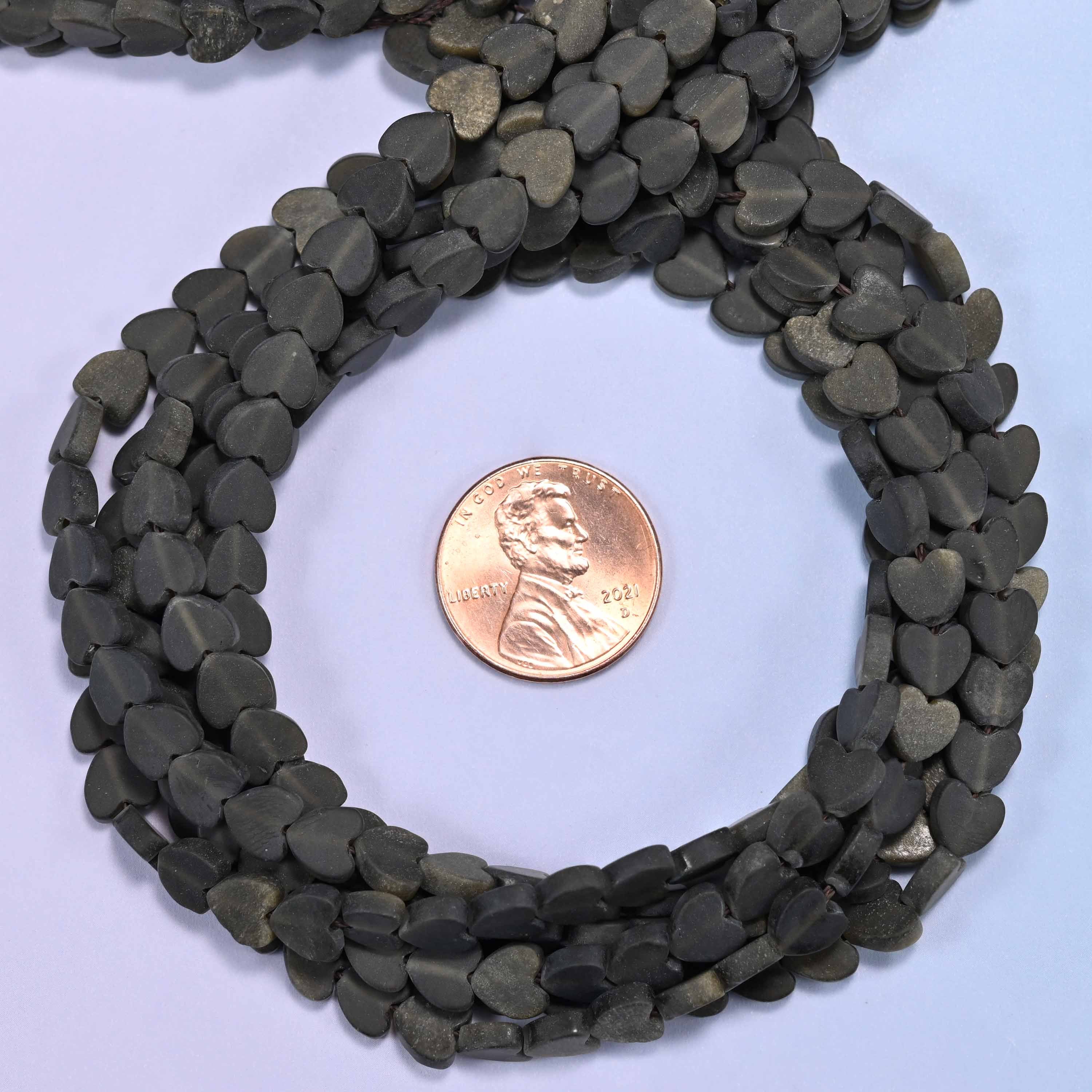 Matte Gold Obsidian Flat Heart Beads: Size 6mm, Jewelry Making, 15 Inch Strand