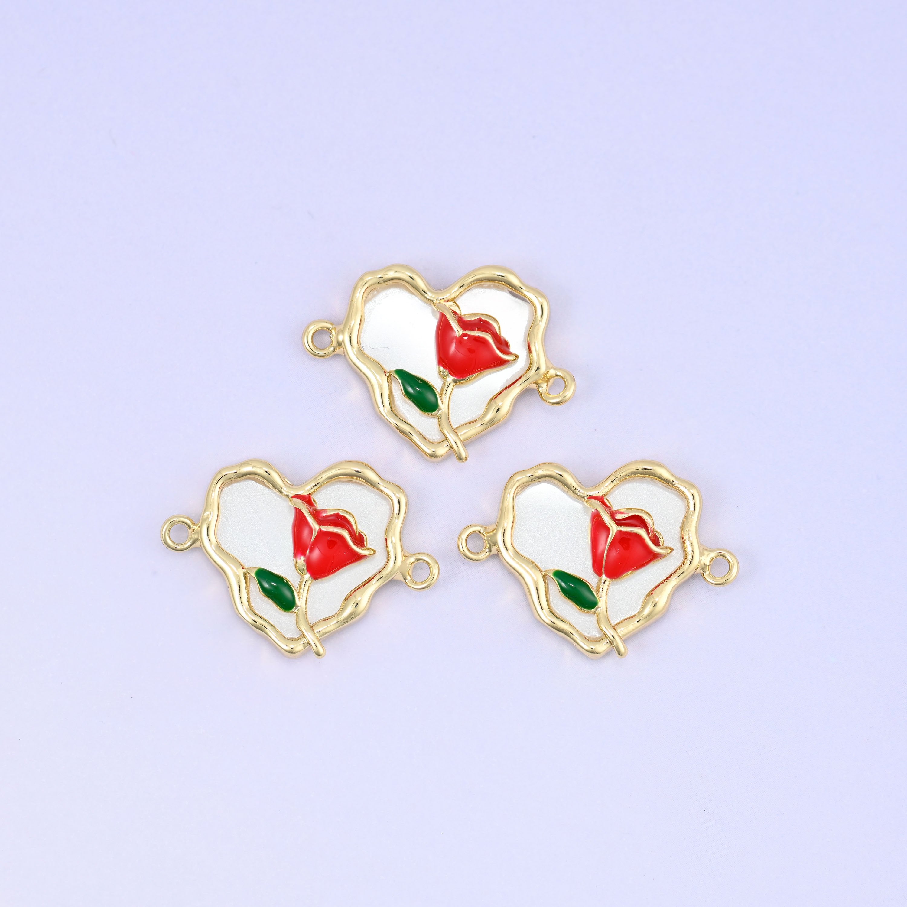 Enamel Heart Rose Double Connector Pendants: 18K Gold Plated, Jewelry Making Supply