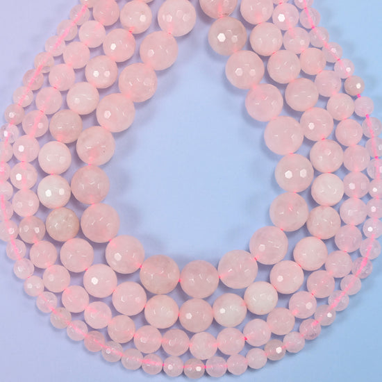 Rose quartz faceted round beads, hole 1.0mm to 1.2mm