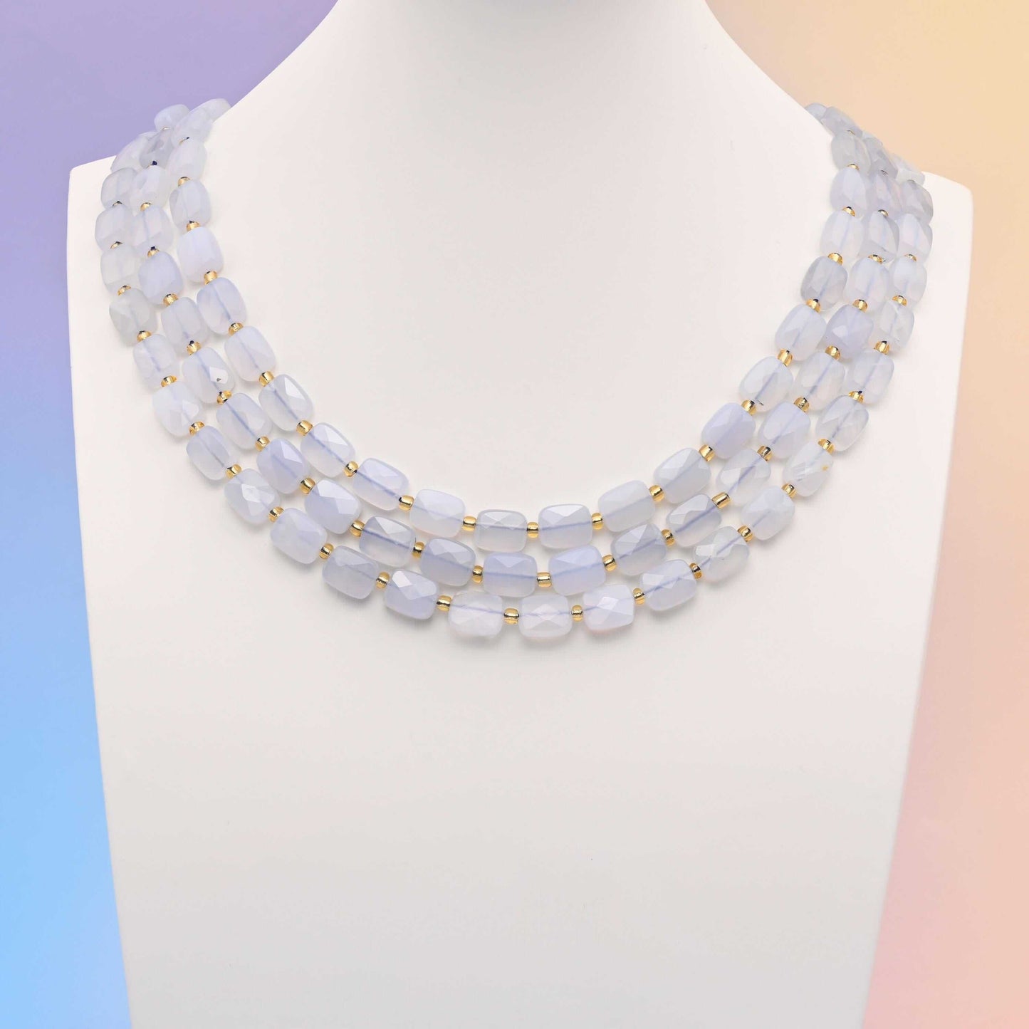 Blue Chalcedony Faceted Rectangle Beads in milky pale blue with a periwinkle cast