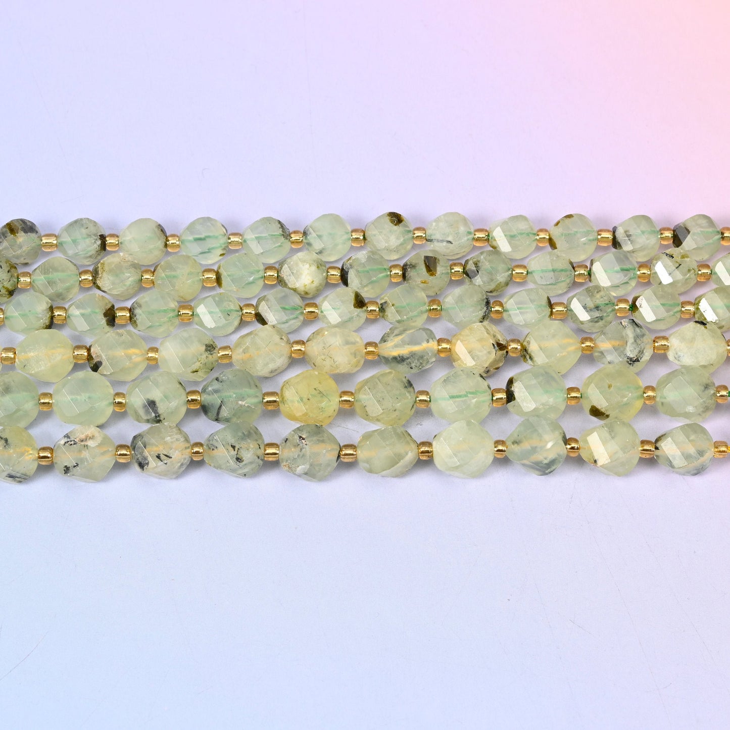Prehnite Faceted Spiral Twist Beads, 15 inch strand
