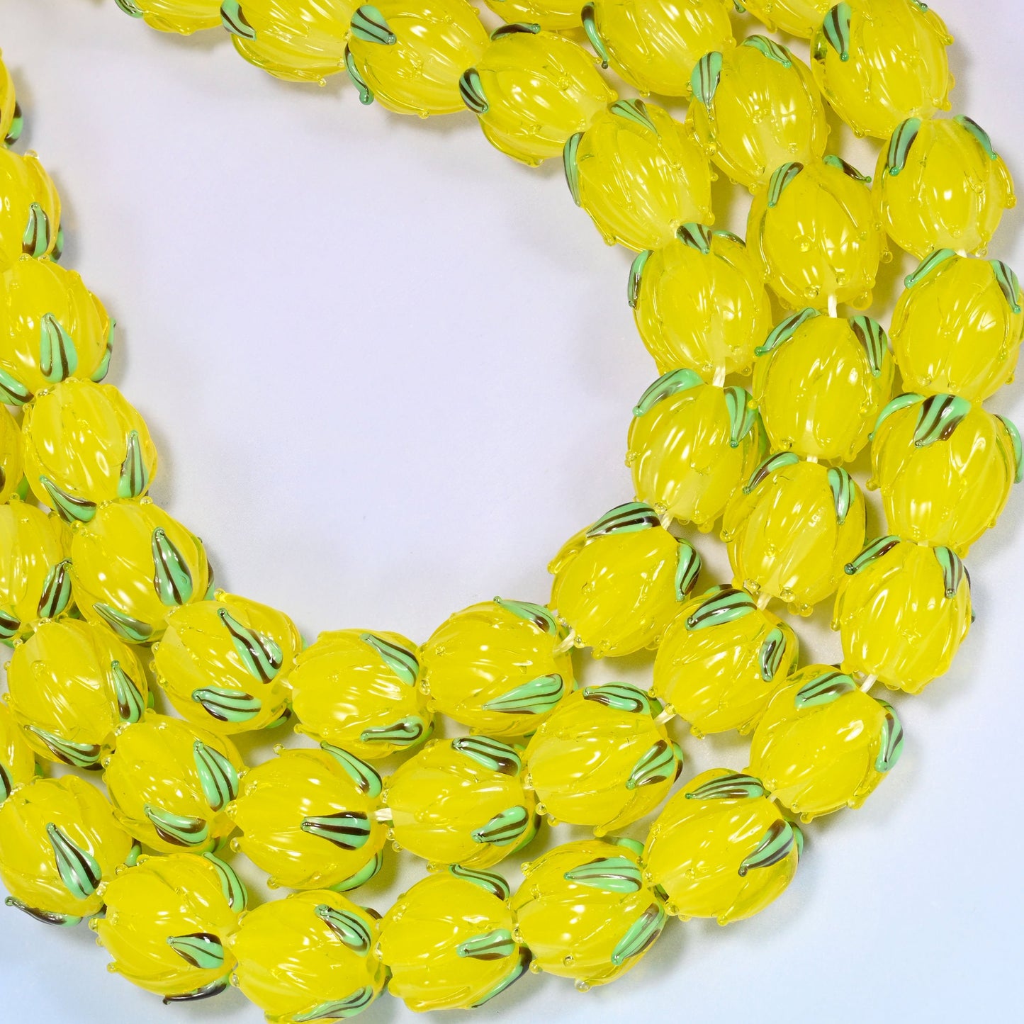 Yellow tulip bud lampwork glass beads, hole 1.2mm to 1.8mm