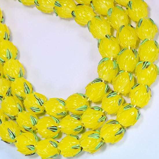 Yellow tulip bud lampwork glass beads, hole 1.2mm to 1.8mm