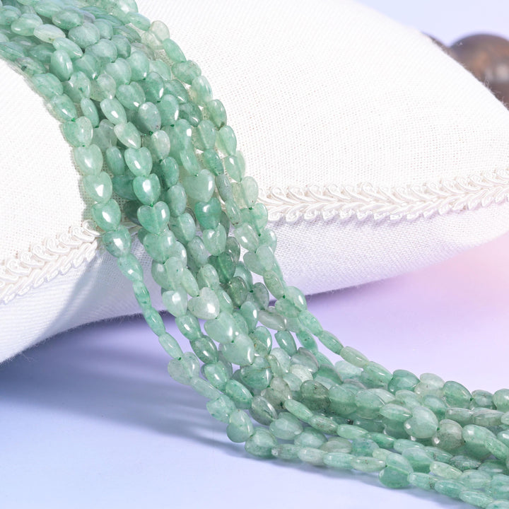 Green Aventurine Heart Beads, small puffed hearts in soft sage to deeper moss green