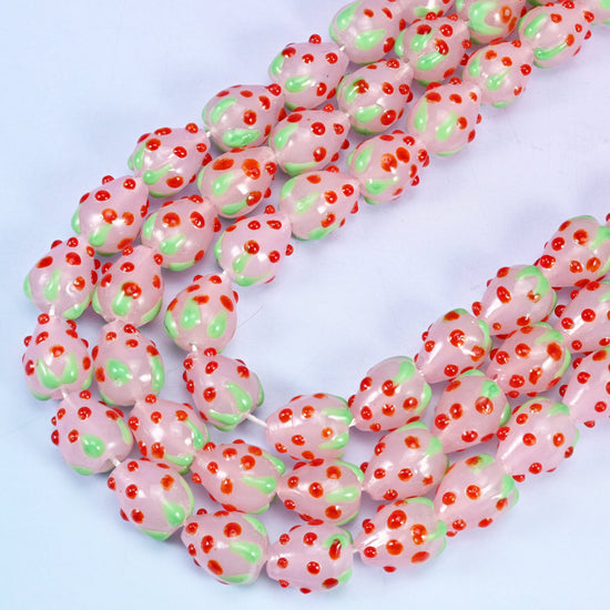 Pink Red Dots Strawberry Glass Beads, 12 inch strand
