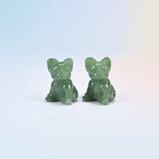 Two natural green aventurine French bulldog crystal carvings, 1.5 inch