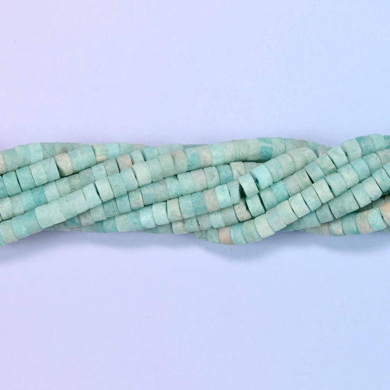 Natural blue amazonite matte heishi disc beads in soft blue-green tones with a sophisticated matte finish.