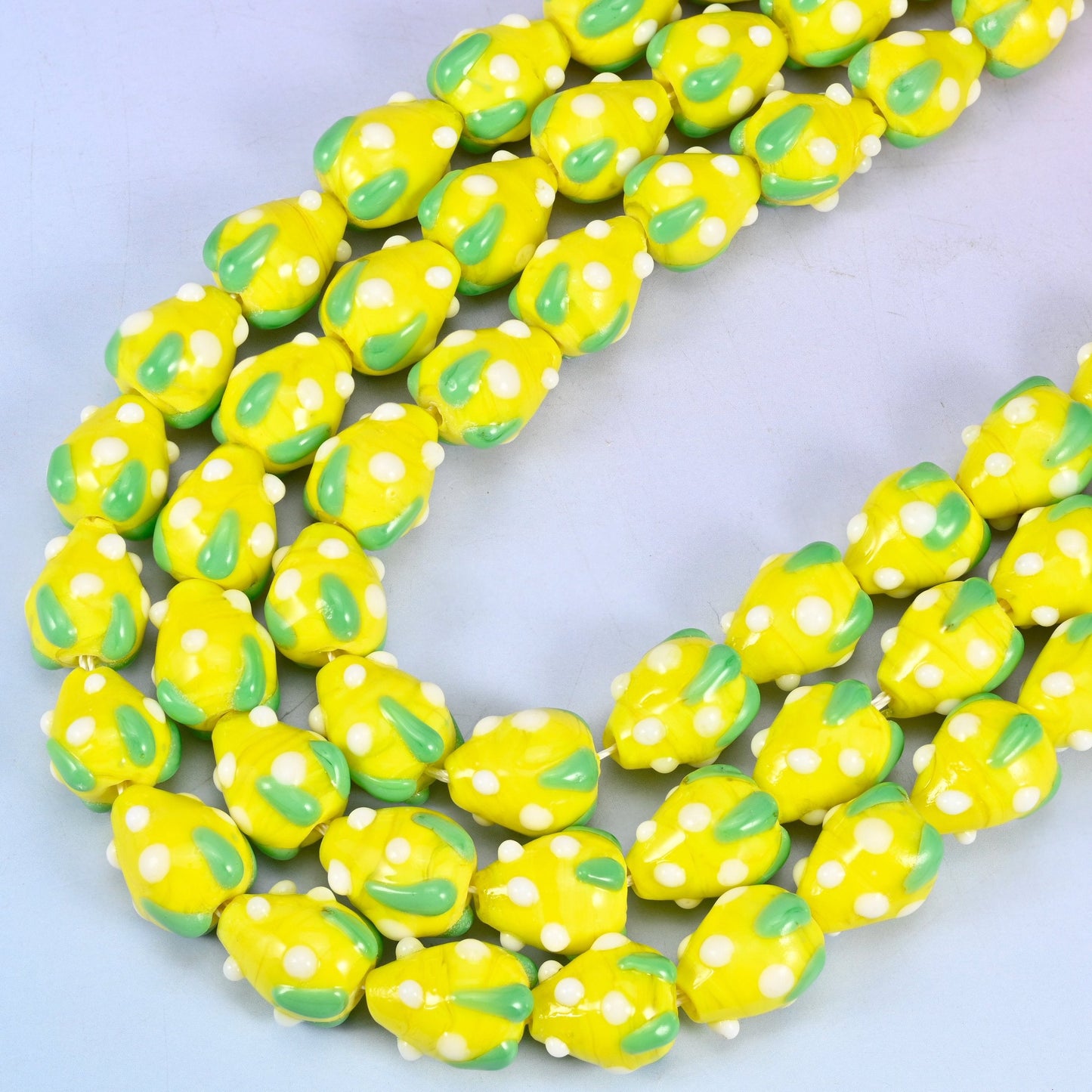 Yellow White Dots Strawberry Glass Beads, 12 inch strand