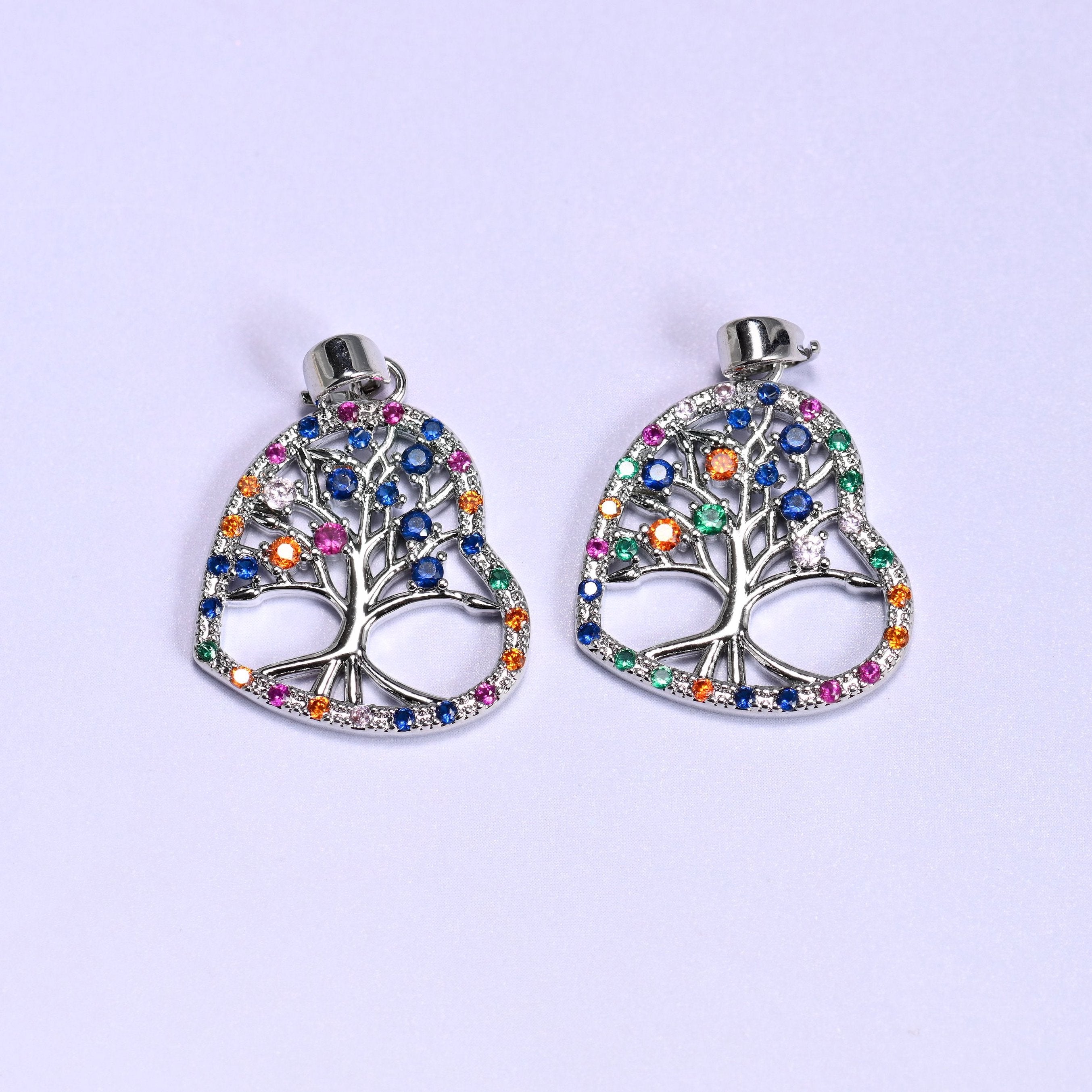 Heart Tree of Life Zircon Charms outlined in vibrant multicolor zircon