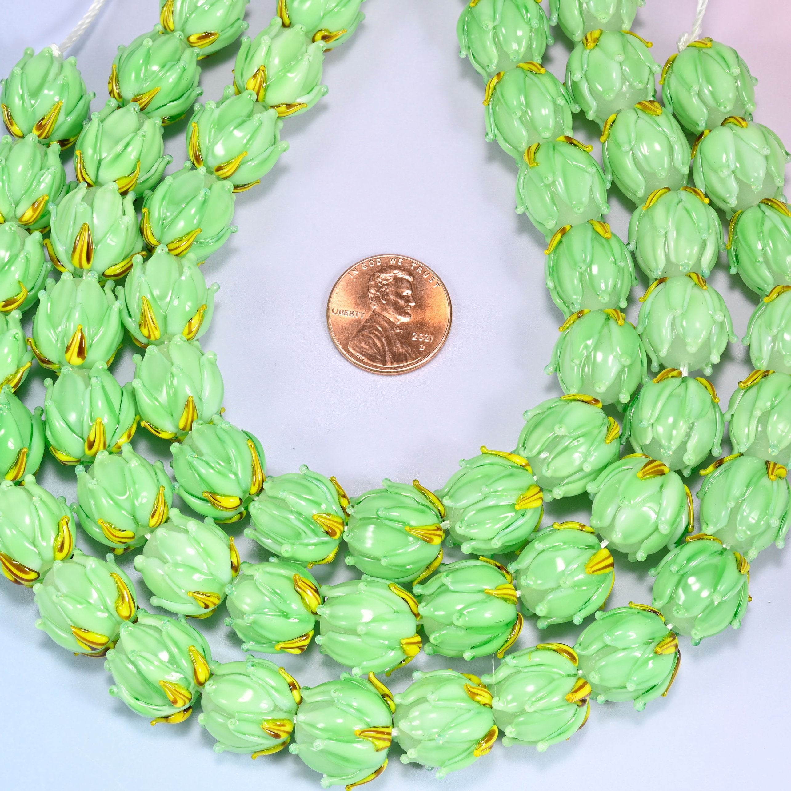 Green tulip flower bud lampwork glass beads, approximately 20 beads per strand