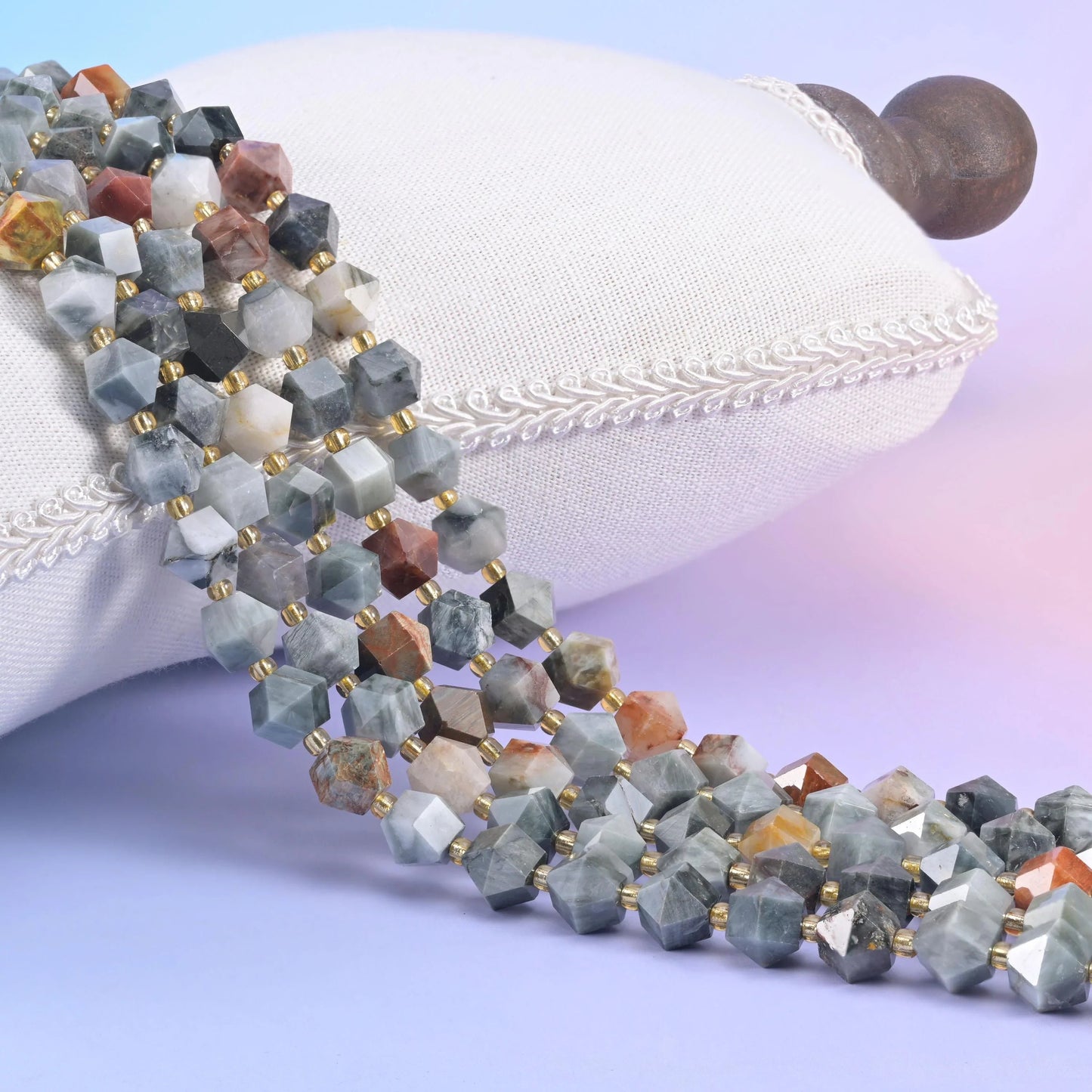 Eagle Eye Jasper faceted diamond rhombus beads in dove grey-blue with cream and rust markings